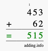 Calculate 453 + 62 using long addition