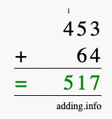 Calculate 453 + 64 using long addition