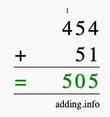 Calculate 454 + 51 using long addition