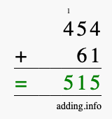 Calculate 454 + 61 using long addition