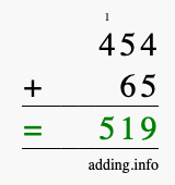 Calculate 454 + 65 using long addition