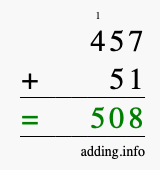 Calculate 457 + 51 using long addition
