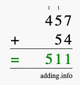 Calculate 457 + 54 using long addition