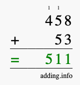 Calculate 458 + 53 using long addition