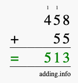 Calculate 458 + 55 using long addition
