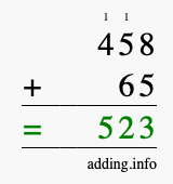 Calculate 458 + 65 using long addition
