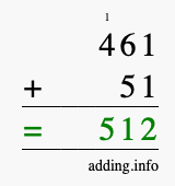 Calculate 461 + 51 using long addition