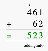 Calculate 461 + 62 using long addition