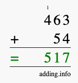 Calculate 463 + 54 using long addition