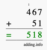 Calculate 467 + 51 using long addition