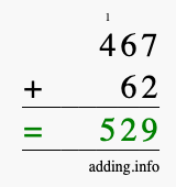 Calculate 467 + 62 using long addition