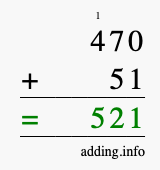 Calculate 470 + 51 using long addition