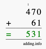 Calculate 470 + 61 using long addition