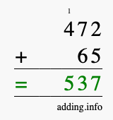 Calculate 472 + 65 using long addition