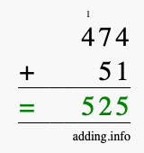 Calculate 474 + 51 using long addition