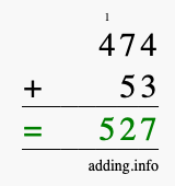 Calculate 474 + 53 using long addition