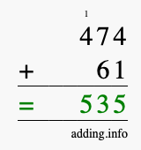 Calculate 474 + 61 using long addition