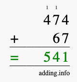 Calculate 474 + 67 using long addition