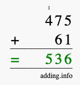 Calculate 475 + 61 using long addition