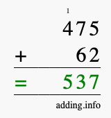 Calculate 475 + 62 using long addition