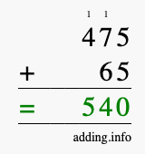 Calculate 475 + 65 using long addition