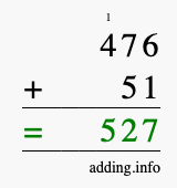 Calculate 476 + 51 using long addition