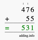Calculate 476 + 55 using long addition