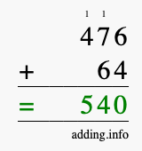 Calculate 476 + 64 using long addition