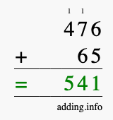 Calculate 476 + 65 using long addition