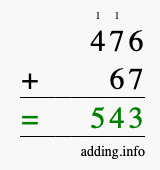 Calculate 476 + 67 using long addition