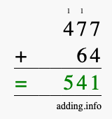 Calculate 477 + 64 using long addition