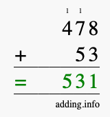 Calculate 478 + 53 using long addition