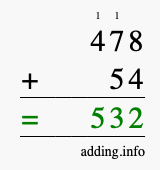 Calculate 478 + 54 using long addition