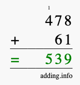 Calculate 478 + 61 using long addition