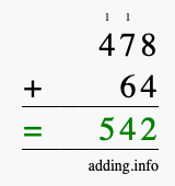 Calculate 478 + 64 using long addition