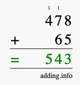 Calculate 478 + 65 using long addition