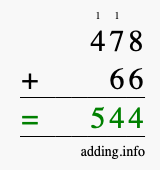 Calculate 478 + 66 using long addition
