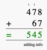 Calculate 478 + 67 using long addition