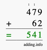 Calculate 479 + 62 using long addition