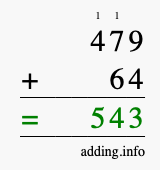 Calculate 479 + 64 using long addition