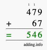 Calculate 479 + 67 using long addition