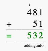 Calculate 481 + 51 using long addition