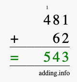 Calculate 481 + 62 using long addition