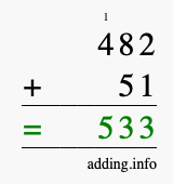 Calculate 482 + 51 using long addition
