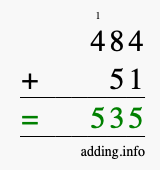 Calculate 484 + 51 using long addition