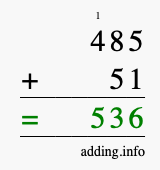 Calculate 485 + 51 using long addition