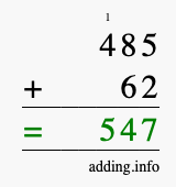 Calculate 485 + 62 using long addition