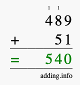 Calculate 489 + 51 using long addition