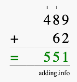 Calculate 489 + 62 using long addition