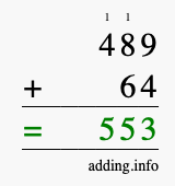 Calculate 489 + 64 using long addition